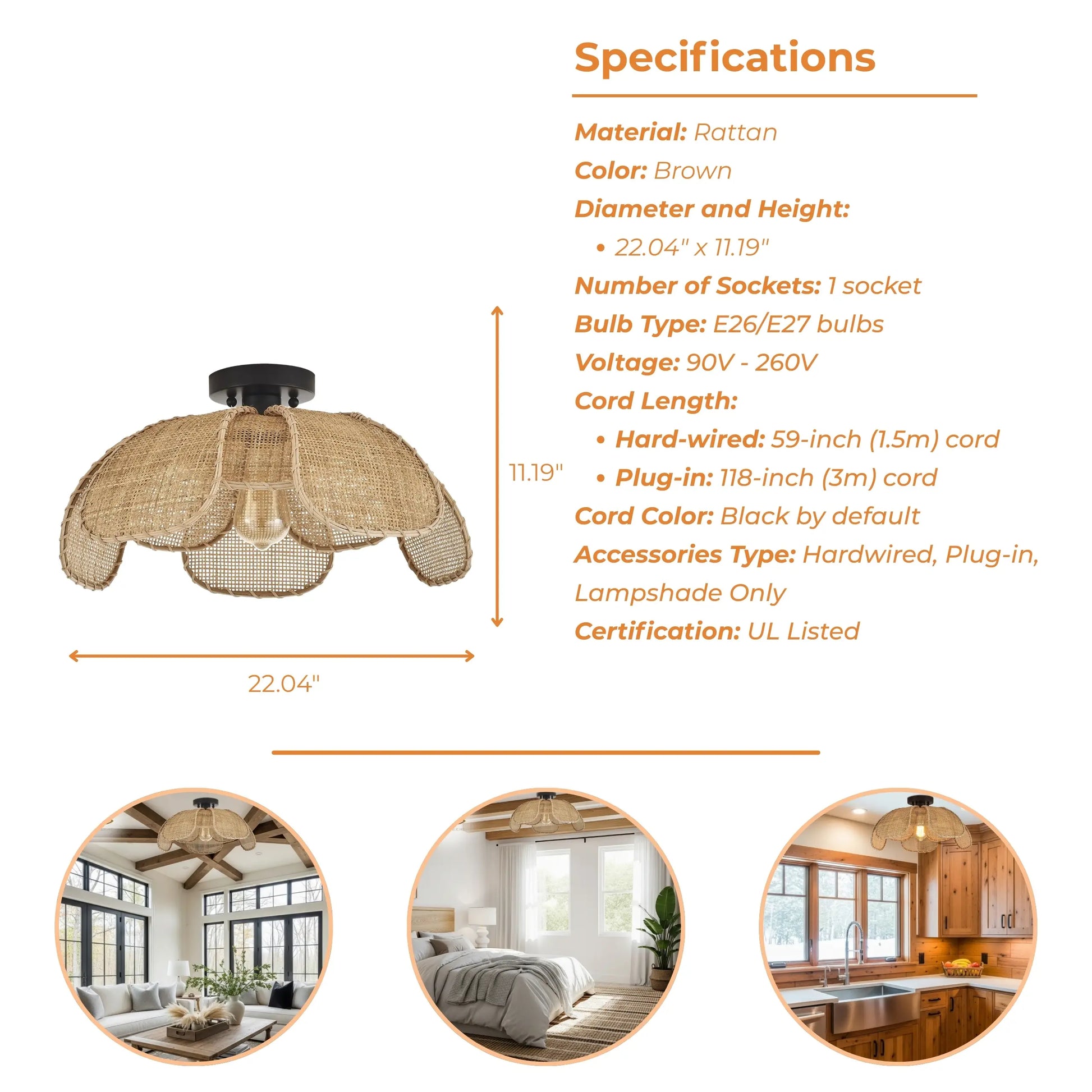 Specifications of Willa Flower Rattan Ceiling Light