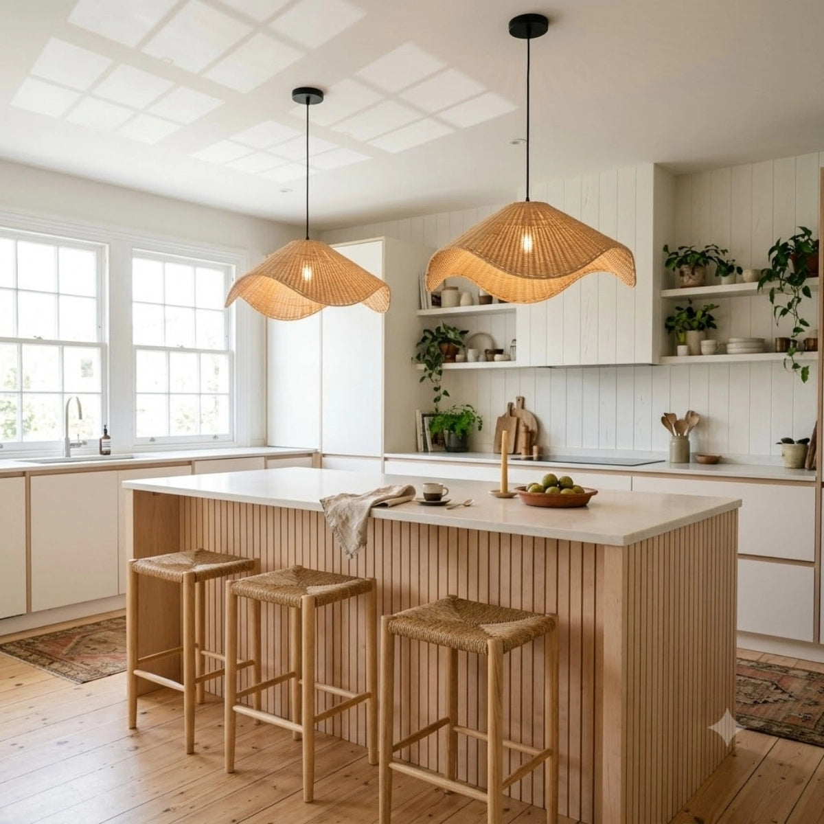 Spence Rattan Pendant Light in Boho Kitchen Island