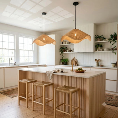 Spence Rattan Pendant Light in Boho Kitchen Island