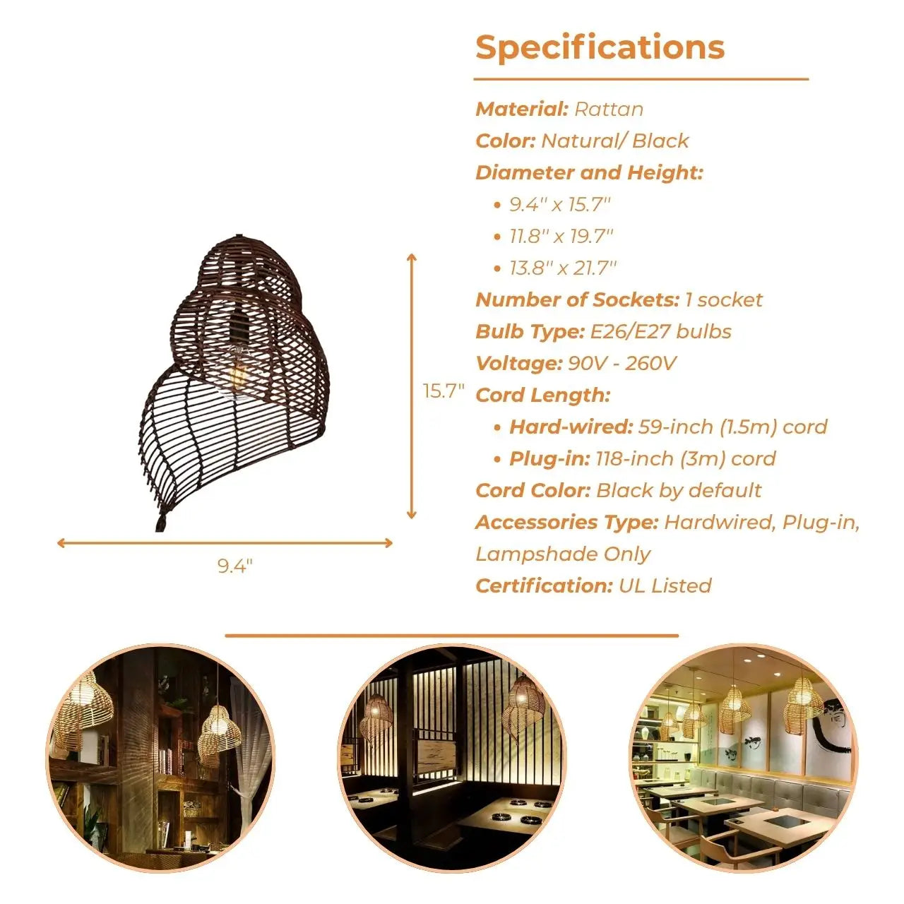 Spiral Shell Rattan Pendant Light's specifications