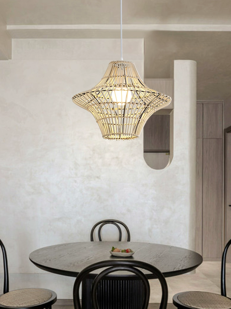 Starweave White Rattan Light Fixture over Wabi Sabi Dining Table
