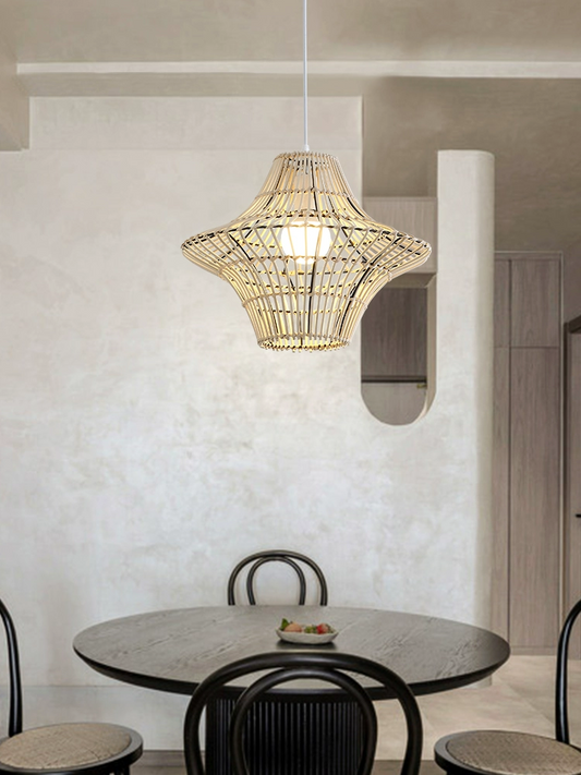 Starweave White Rattan Light Fixture over Wabi Sabi Dining Table