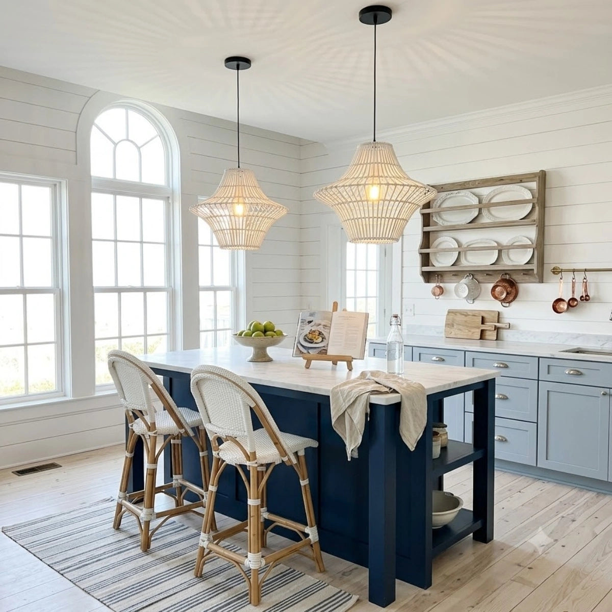 Starweave White Woven Rattan Hanging Light in Coastal Kitchen Island