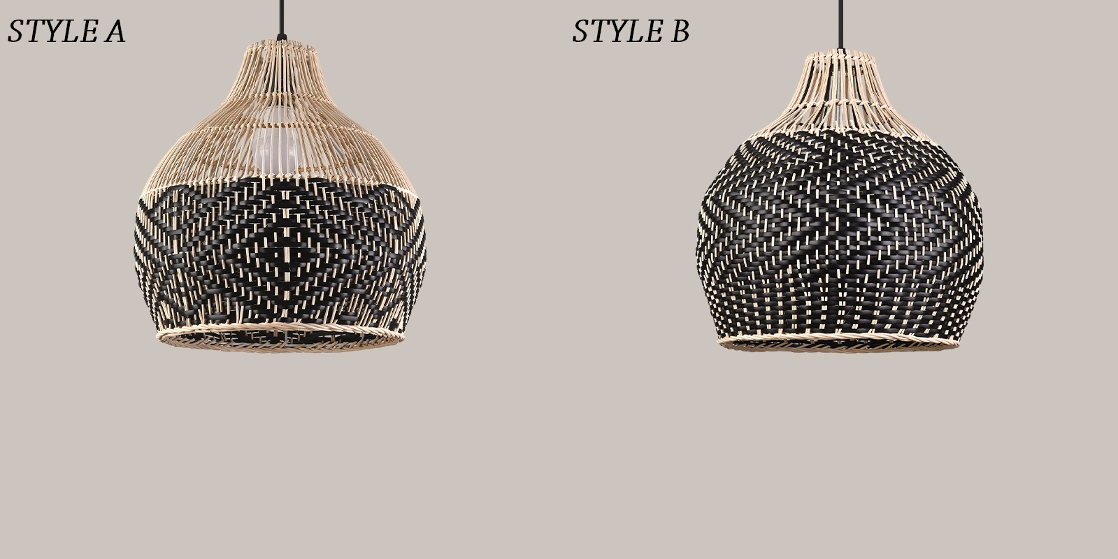 Style A and Style B of Blacorb Rattan Black Wicker Pendant Light