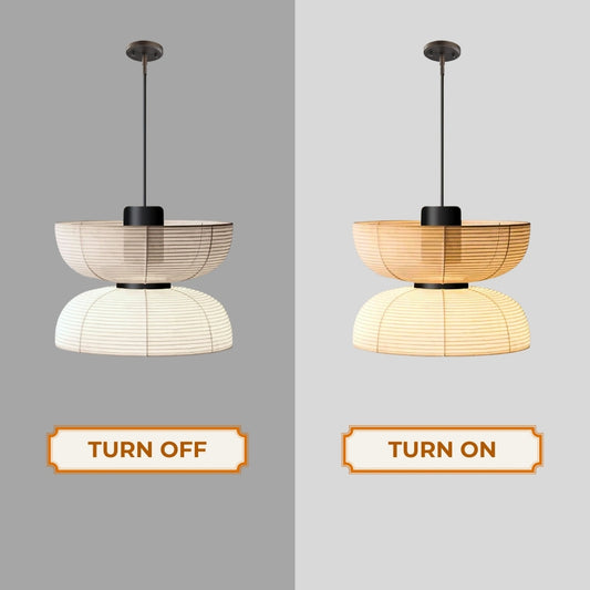 style b japanese wabi sabi farbic pendant light when the light is on and off