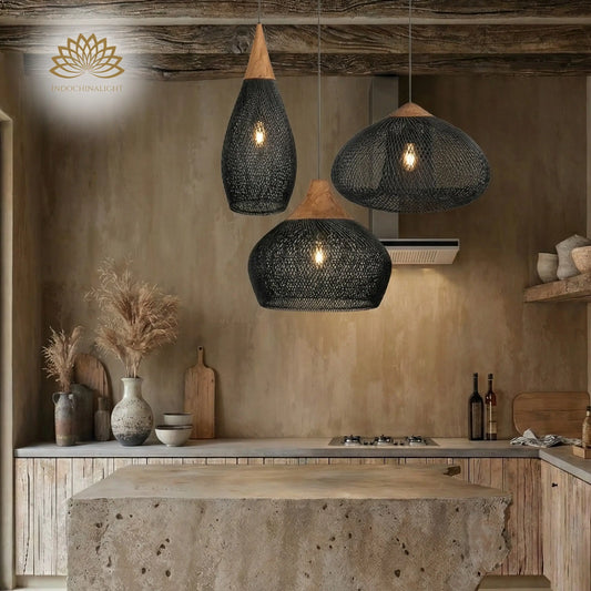 Styles of Bathari Black Rattan Pendant Light over the Wabi Sabi Kitchen Island