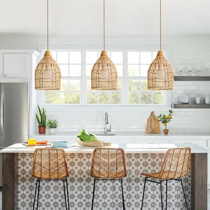 Stylish 3 Small basket pendant lights over kitchen island