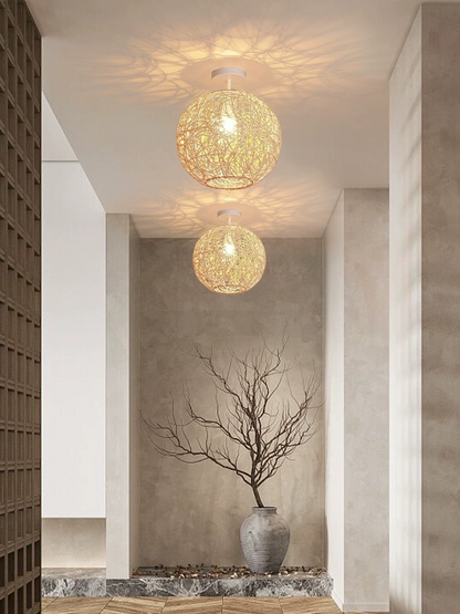 Sucada Rattan Round Ceiling Lights hang over Entryway Wabi Sabi
