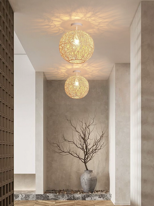 Sucada Rattan Round Ceiling Lights hang over Entryway Wabi Sabi