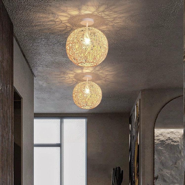 Sucada Rattan Round Ceiling Lights hang over Hallway Wabi Sabi