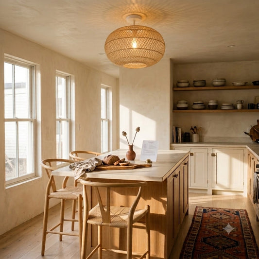 Sucada Small Round Rattan Ceiling Light Fixture in Boho Kitchen Island