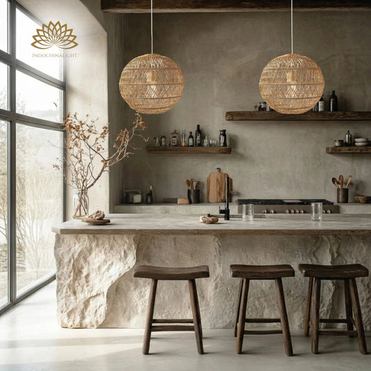 Summerland round rattan pendant lights over kitchen island