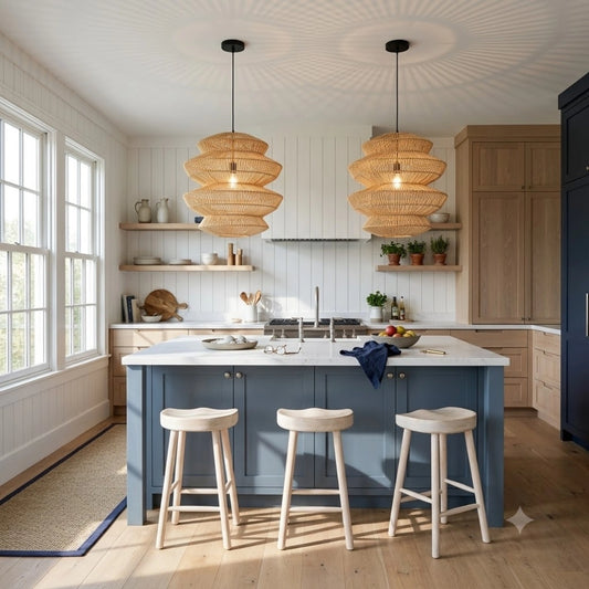 Suru Boho Lantern Rattan Pendant Light in Coastal Kitchen Island