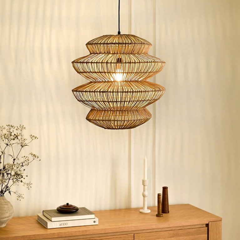 Suru Boho Lantern Rattan Pendant Light in living room
