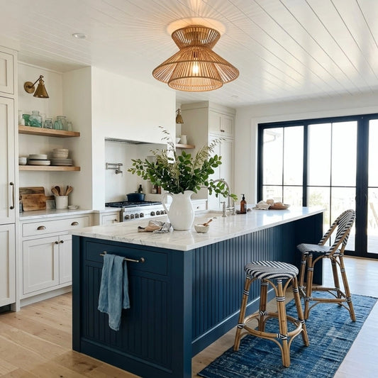 Tasman Wabi Sabi Rattan Ceiling Light in Coastal Kitchen Island