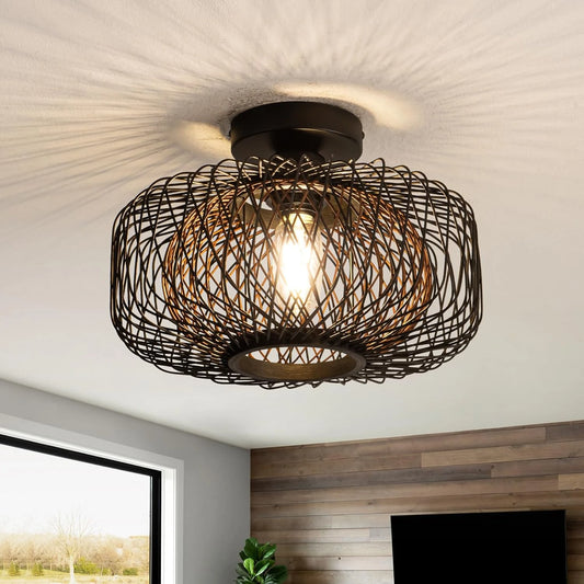 Tbaoinla Black Rattan Ceiling Light 16 inches hanging in the living room