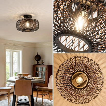 Tbaoinla Black Rattan Light Fixture 16 inches Shade