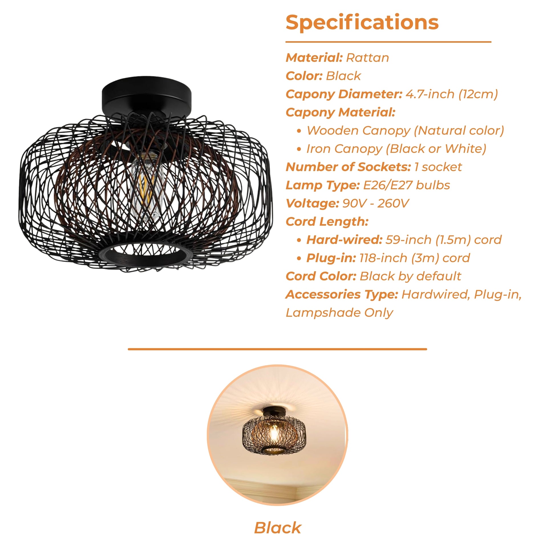 Tbaoinla Black Rattan Light Fixture 16 inches Specifications