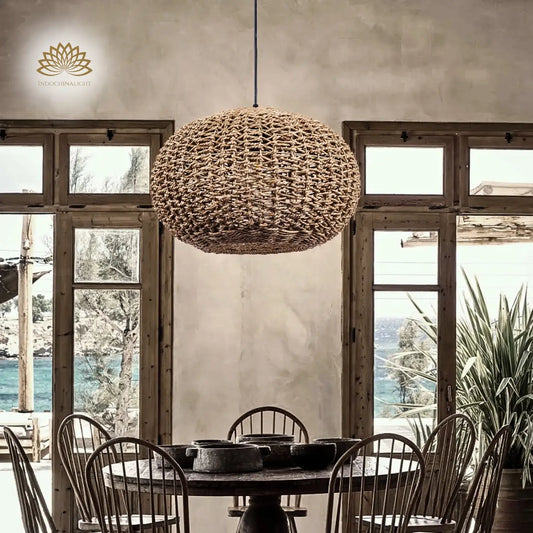 Teru Ji Kaikang Wicker Pendant Light over Wabi Sabi dining table