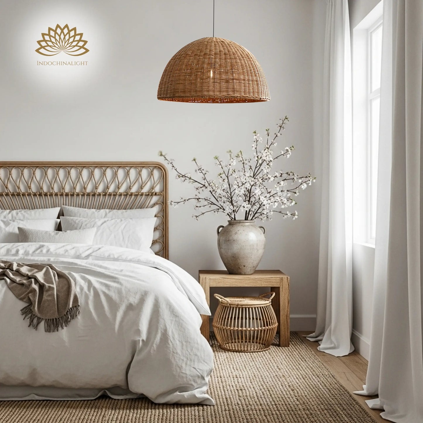 Thaely Dome Wicker Rattan beside pendant light