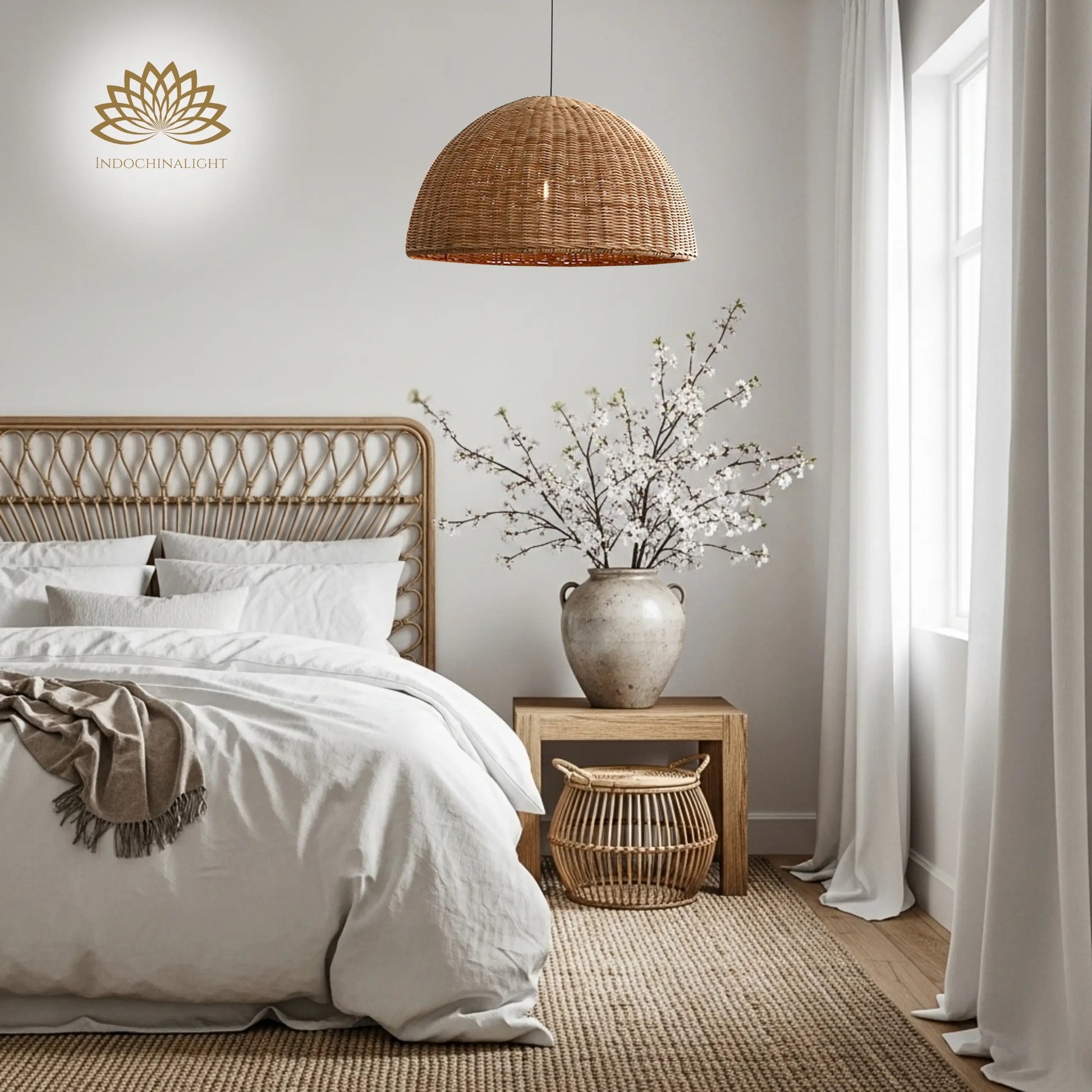 Thaely Dome Wicker Rattan beside pendant light