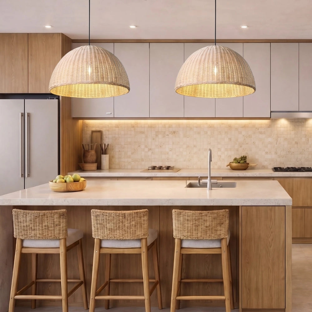 Thaely Dome Wicker Rattan Pendant Lights hang over a Boho Kitchen Island