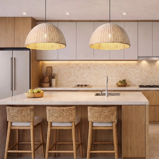 Thaely Dome Wicker Rattan Pendant Lights hang over a Boho Kitchen Island