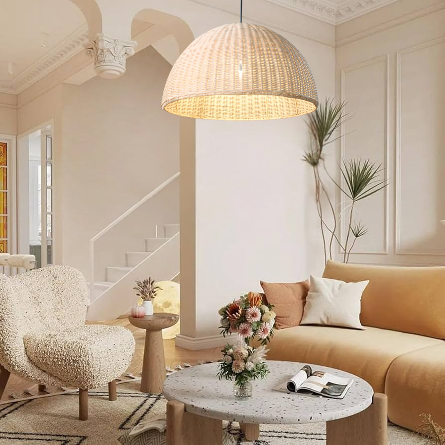 THAELY White Wicker Rattan Pendant Light over a Boho Living Room