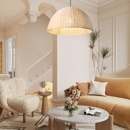 THAELY White Wicker Rattan Pendant Light over a Boho Living Room