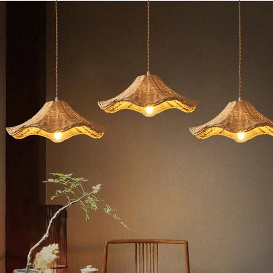 Three Ariel Rattan Wave Pendant Lights for Japandi Room Style