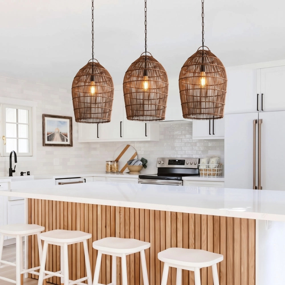 Three Fish-trap Rustic Rattan Pendant Light over Modern Boho Kitchen Island
