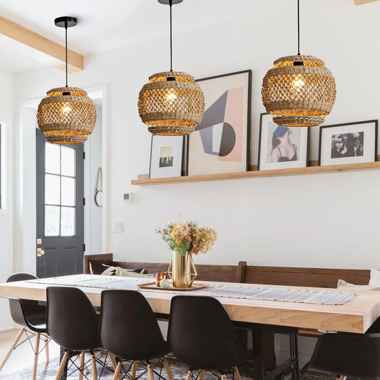 Three of Lislibe Elegant Round Wicker Pendant Lights in Dining Room
