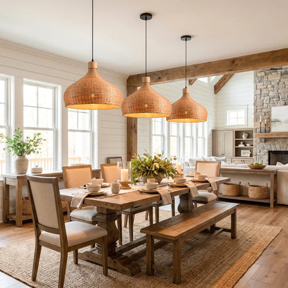 Three Rasa Bamboo Wicker Dome Pendant Lights in Boho Dining Room