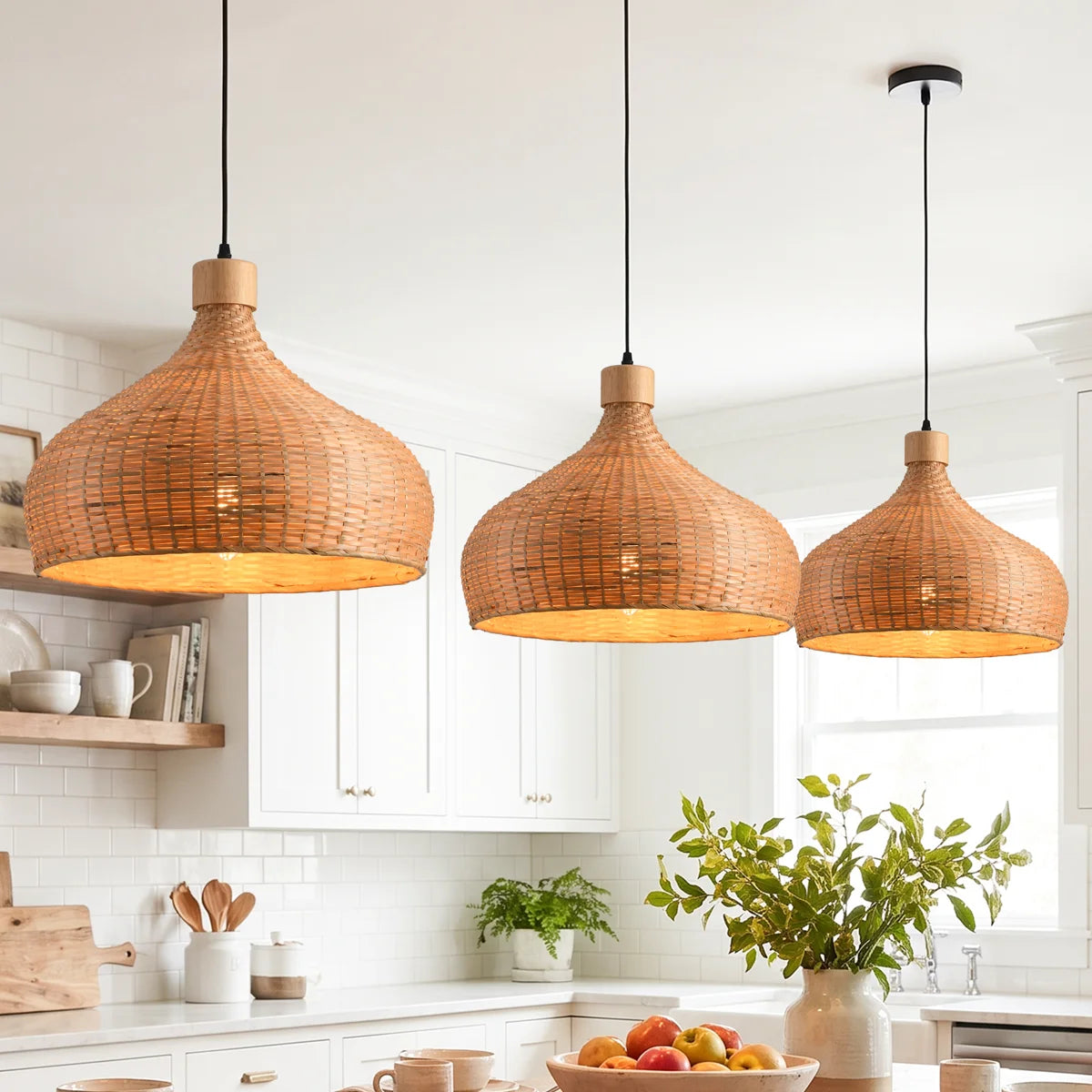 Three Rasa Bamboo Wicker Dome Pendant Lights over Boho Kitchen Island