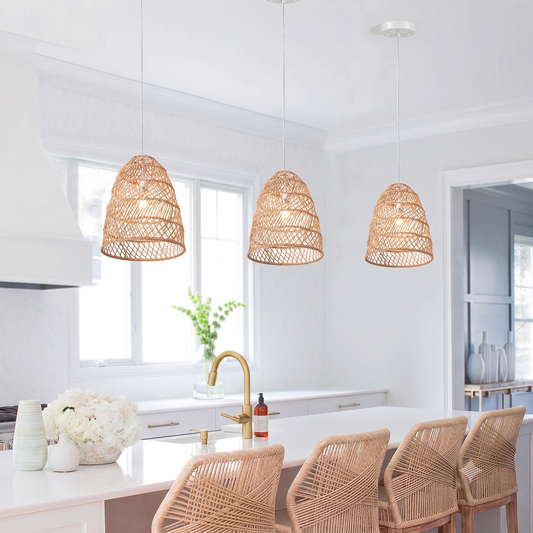 Three Small Sakura Woven Rattan Pendant Lights over Boho Kitchen Island