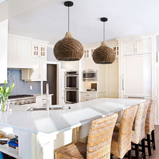 Tobago Small Rattan Wicker Pendant Light hangs over Boho kitchen island