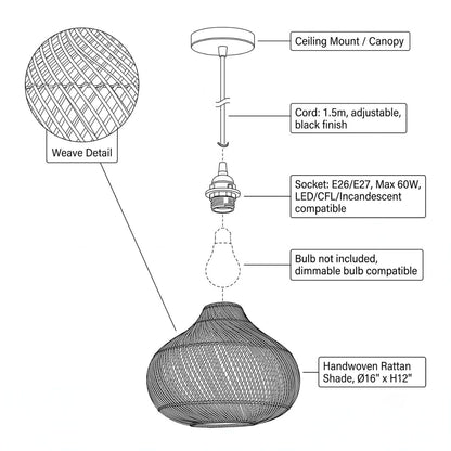 Top View – 16" Woven Rattan Basket Shade Diameter