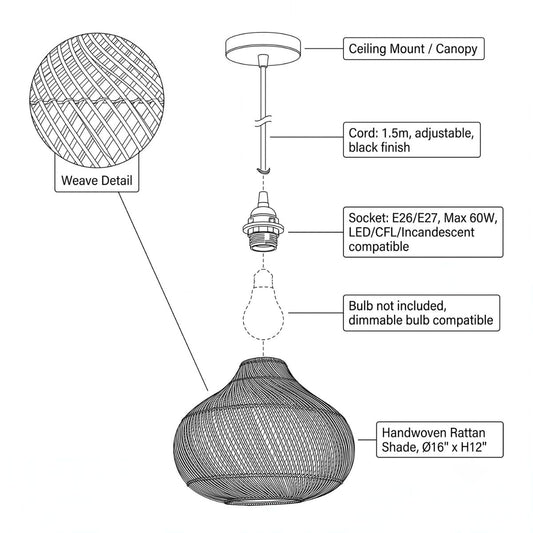 Top View – 16" Woven Rattan Basket Shade Diameter