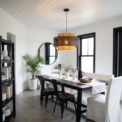 Triela Black and Rattan Drum Pendant Light Dining Room
