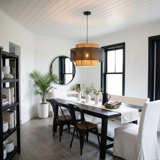Triela Black and Rattan Drum Pendant Light Dining Room