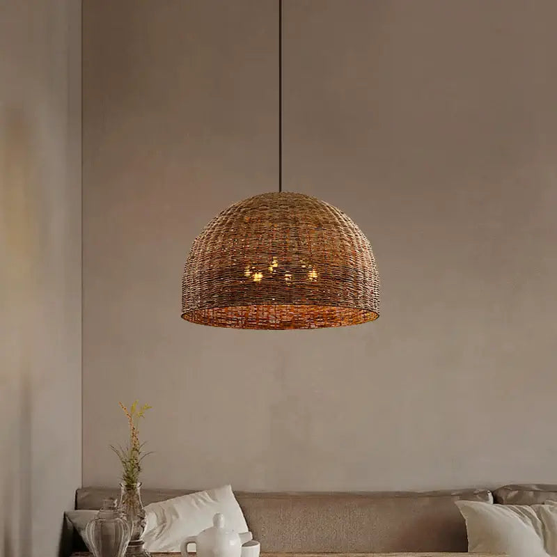 Troy 6-Bulb Dome Rattan Pendant Light over Wabi Sabi Living Room