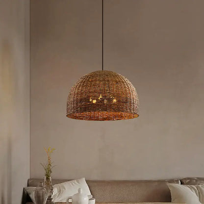 Troy 6-Bulb Dome Rattan Pendant Light over Wabi Sabi Living Room