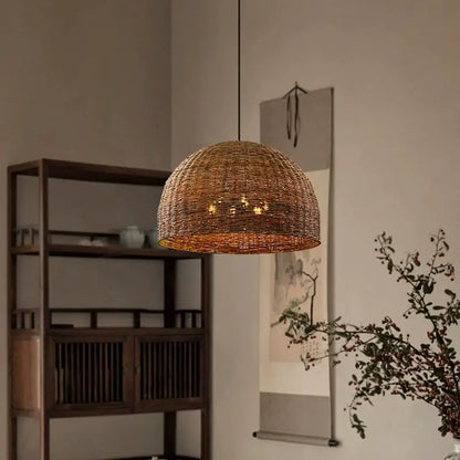 Troy 6-Bulb Dome Wicker Rattan Pendant Light in Japanese Space