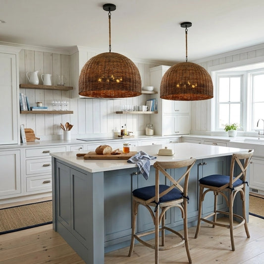 Troy Large 6 Bulb Dome Wicker Rattan Pendant Light in Coastal Kitchen Island