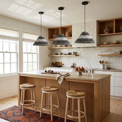 Twirlanda Rattan Black Wicker Pendant Light in Boho Kitchen Island