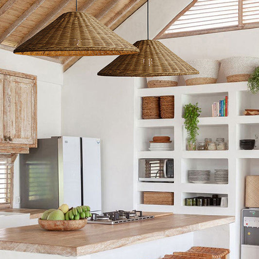 Two Carter Cone Rattan Wicker Pendant Lights over Boho Kitchen Island