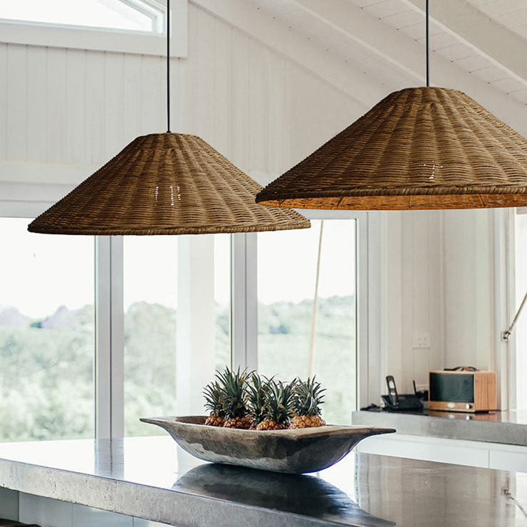 Two Carter Cone Rattan Wicker Pendant Lights over Modern Kitchen Island
