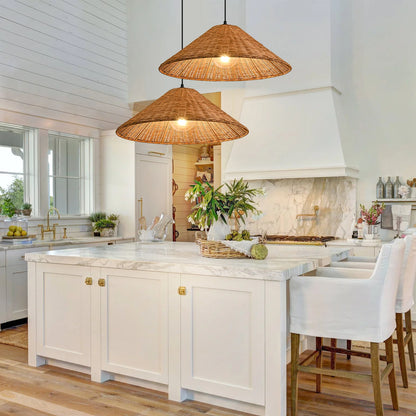 Two Carter Cone Wicker Rattan Pendant Lights over Modern Kitchen Island
