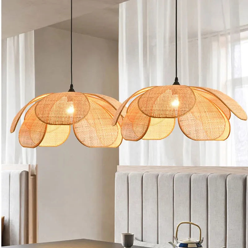 Two Cefalu rattan flower pendant lights for Boho Dining Room