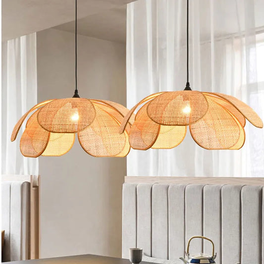 Two Cefalu rattan flower pendant lights for Boho Dining Room